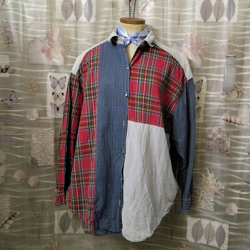 Couture Lady Multicolored Patchwork Plaid Denim Button Down Boho Cowgirl Size 3X